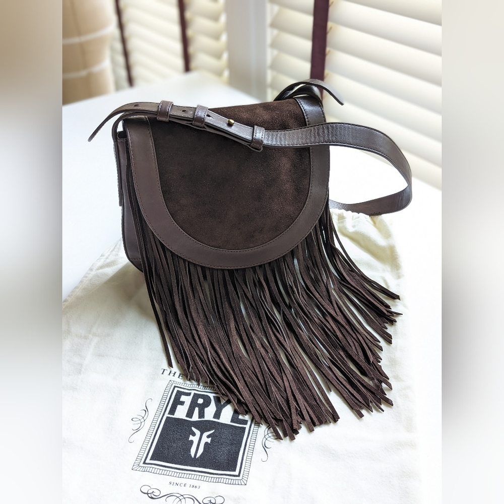 Frye Ray Fringe Crossbody Saddle Bag - Dark Brown